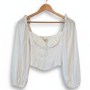 Wilfred Aritzia Cream Peasant Blouse Puff Sleeve Tie Front Off Shoulder Top 2XS